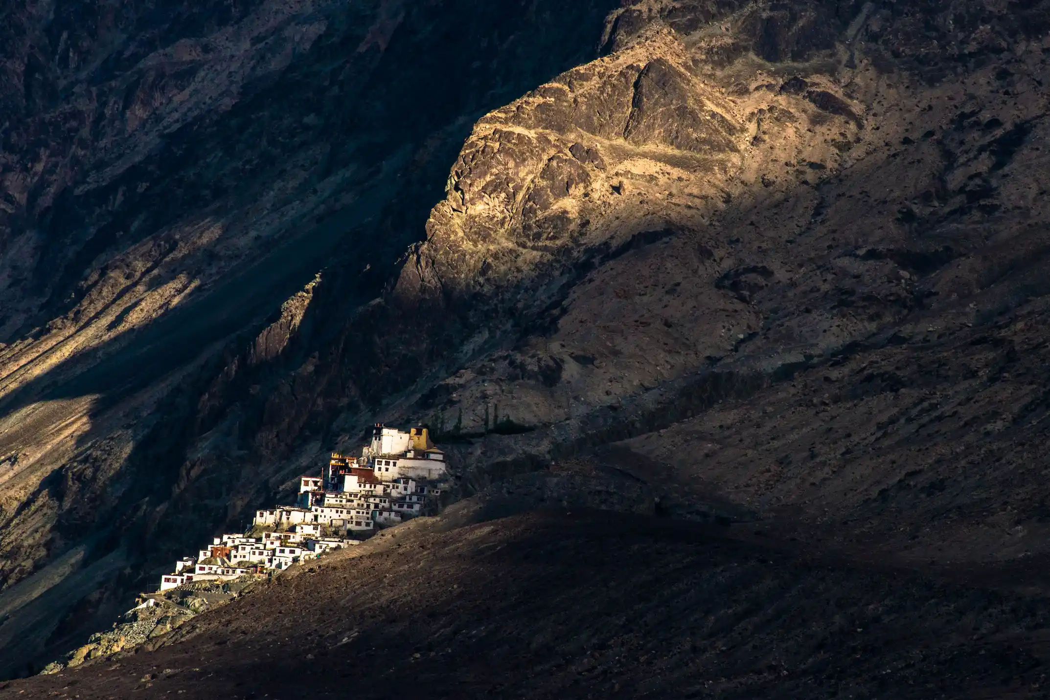 Remote Himalayan road and mountain landscape in Ladakh