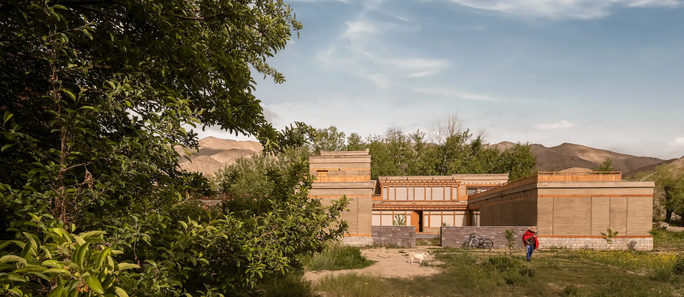 Rammed earth courtyard architecture at Chemday House, Chemrey Ladakh