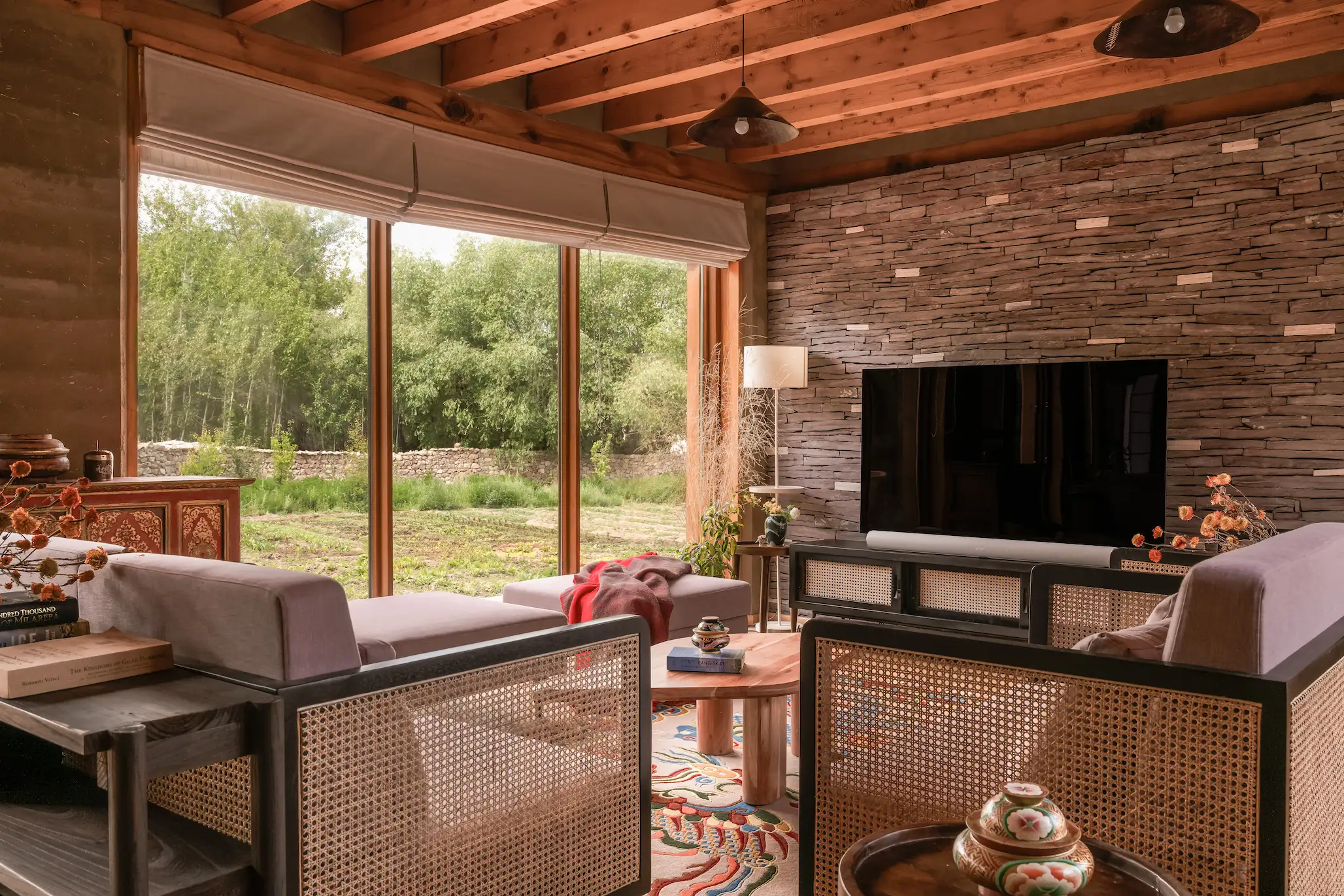 Rammed earth wall construction at Chemday House wildlife lodge Ladakh