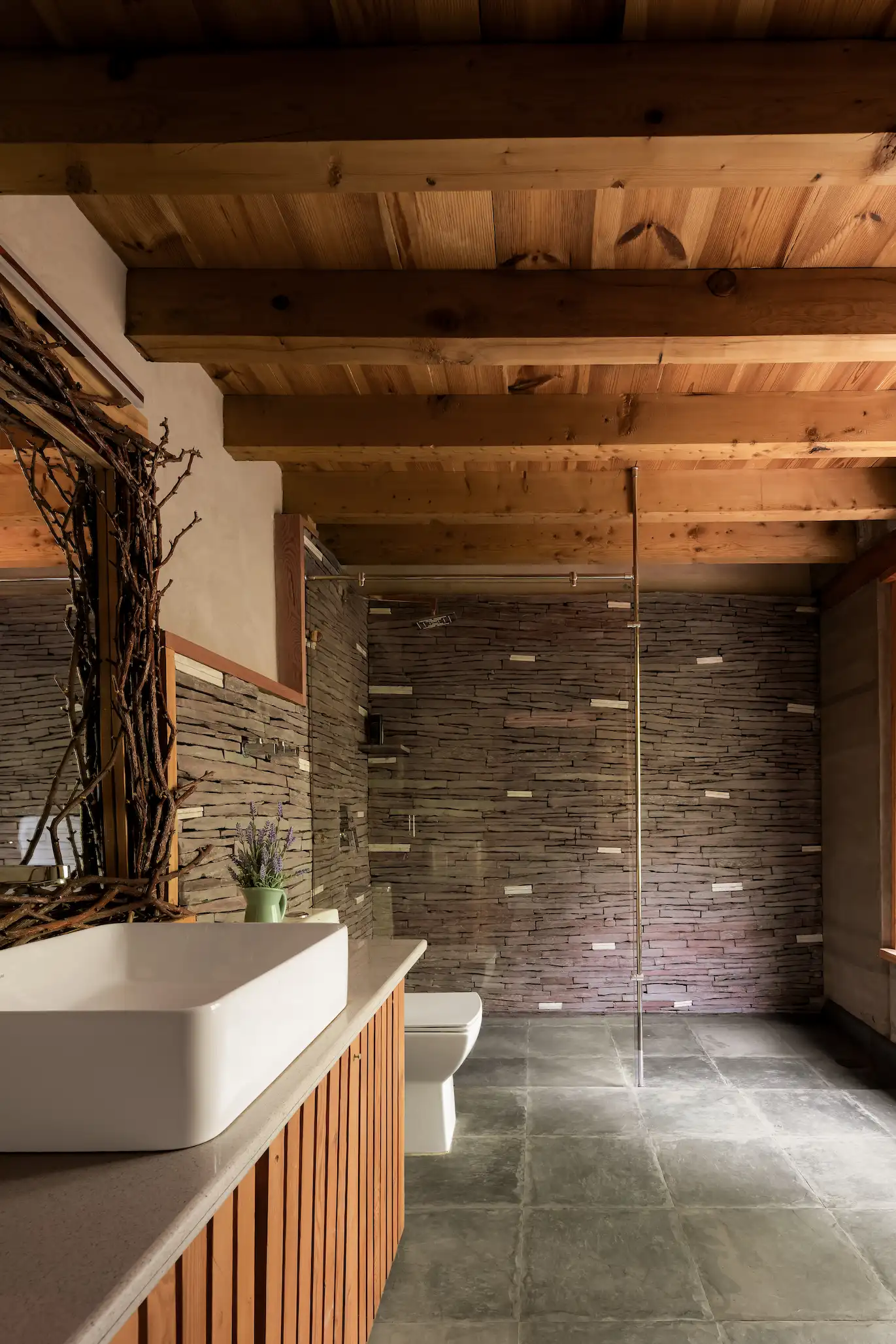 Warila Suite Yamang stone bathroom at Chemday House Ladakh